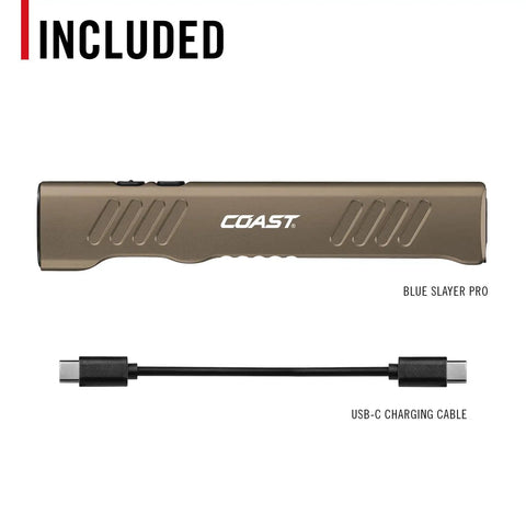 Slayer 1150 Lumen USB C Rechargeable LED Flashlight with dual beams and removable pocket clip shown with USB-C charging cable