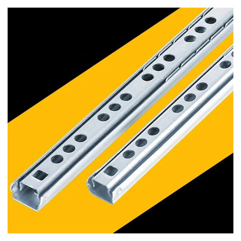Smooth As Butter Heavy Duty Steel Drawer Glides Two Pack Side Mounted Ball Bearing Cabinet Hardware Full Extension Furniture Setup Quiet Operation 246 Mm on a black and yellow background.