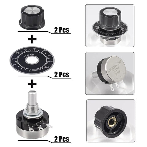 10K Ohm Potentiometer Single Turn Carbon Film Rotary Taper For Inverter Speed Control With 2 A03 Knobs And 2 Dials