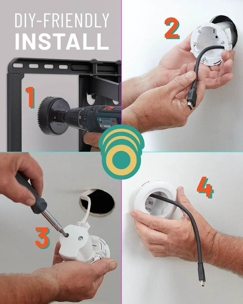 In Wall Cable Management Kit For Power And Low Voltage Cables Hide TV Wires Behind The Wall Includes 3.75 Inch Diameter And 3.25 Inch Depth Modules 6 Foot Extension Cord And Drywall Hole Saw Attachment ETL In Wall Certified Easy DIY Install installation steps