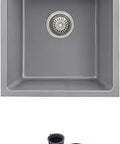 Rock Solid Quartz Composite Kitchen Sink 15.5 By 17.5 Inch Single Bowl Under Mount And Drop In Grey S816L With Strainer, top view
