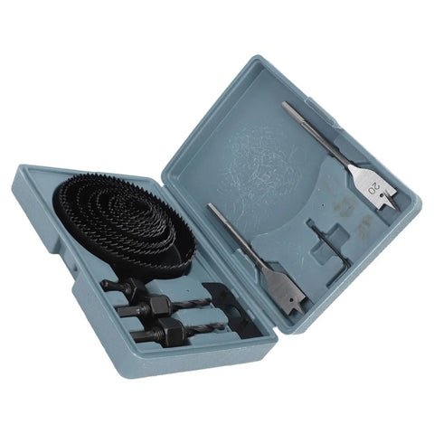 Jiawu 18Pc Multifunctional Carbon Steel Hole Saw Kit For Fast Accurate Cuts In Plasterboard Drywall With Convenient Storage Case And Durable Blades For Heavy Duty Use, open case