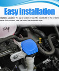 Installed blue washer fluid cap in engine bay, labeled 'Easy installation' for 2 Pack Windshield Washer Fluid Cap Replacement For Porsche Cayenne 2003 Through 2018 Durable Plastic Reservoir Cap Cover Wiper Fluid Cap Compatible With OEM 3Q0955455 Easy Install Weatherproof