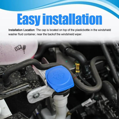 Installed blue washer fluid cap in engine bay, labeled 'Easy installation' for 2 Pack Windshield Washer Fluid Cap Replacement For Porsche Cayenne 2003 Through 2018 Durable Plastic Reservoir Cap Cover Wiper Fluid Cap Compatible With OEM 3Q0955455 Easy Install Weatherproof