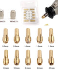 Top Notch Drill Chuck Collets 100 Piece Set Fits 0.5 To 3.2Mm Drive Bits showing 10 brass collets with sizes from 0.5mm to 3.2mm.