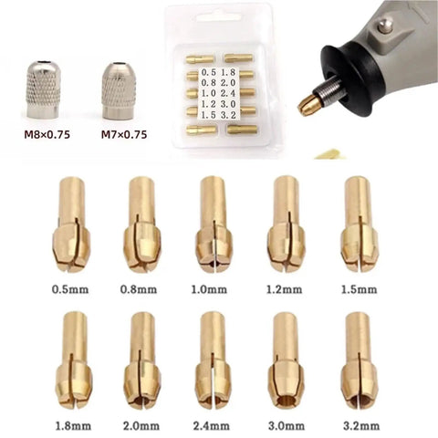 Top Notch Drill Chuck Collets 100 Piece Set Fits 0.5 To 3.2Mm Drive Bits showing 10 brass collets with sizes from 0.5mm to 3.2mm.