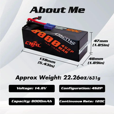 Dimensions and specs of Beefy 4S LiPo RC Battery 8000mAh 120C 14.8V With EC5 Connector Hard Case Dual Pack for RC cars.