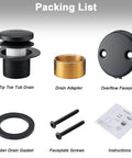 Top Shelf All Metal Bathtub Drain Stopper Kit featuring Tip Toe Kick Down Plug, Drain Adapter, Overflow Faceplate, and screws.