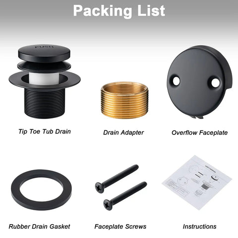 Top Shelf All Metal Bathtub Drain Stopper Kit featuring Tip Toe Kick Down Plug, Drain Adapter, Overflow Faceplate, and screws.