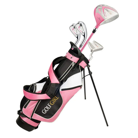Pink Girls Junior Golf Set V3 With Left Hand Clubs And Bag For Ages 4 To 7 Includes 15 Degree Driver With Oversized Head And Sweetspot, Cavity Back Irons 7 And 9, Plus Headcover displayed.