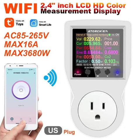 WiFi Watt Meter With Plug In US Socket Real Time Electricity Usage And Bill Stats Temperature Control Backlit 2.4 Inch Color Display Overload Protection Voltage And Current Tester Energy Monitor Timer Tuya Smart Life App Compatible with phone