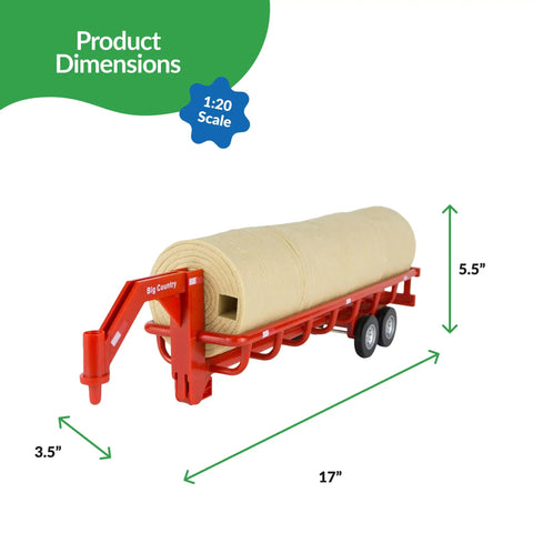 Gooseneck Hay Trailer For Farm Toys And Toy Trucks Realistic Hay Transport Playset With Durable Build And Easy Attach Hitch For Kids Awesome Kid Friendly Design, 1:20 scale, dimensions shown