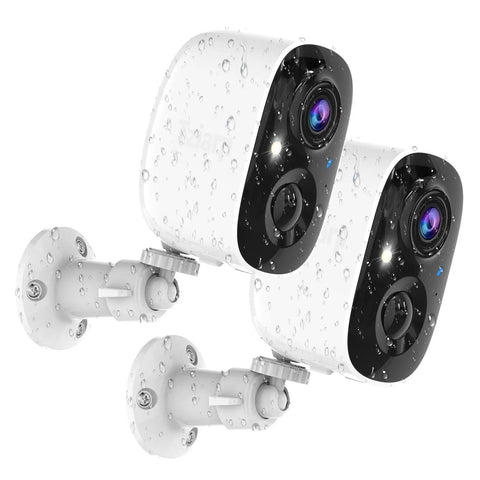 2K Wireless Outdoor Security Cameras Set Up Made Easy, waterproof design, dual pack, with mounting brackets visible