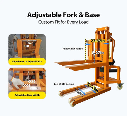 Heavy Duty Electric Pallet Stacker With 660 Lbs Capacity Lift Height 47 Inches showing adjustable fork and base width measurements.