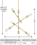 Two Pack Six Light Dope Modern Sputnik Ceiling Fixture Set In Gold Bronze Brushed Brass For Dining Room Kitchen Living Room Industrial Chandelier Semi Flush Mount E26 LED Compatible Dimmable With Dimmer