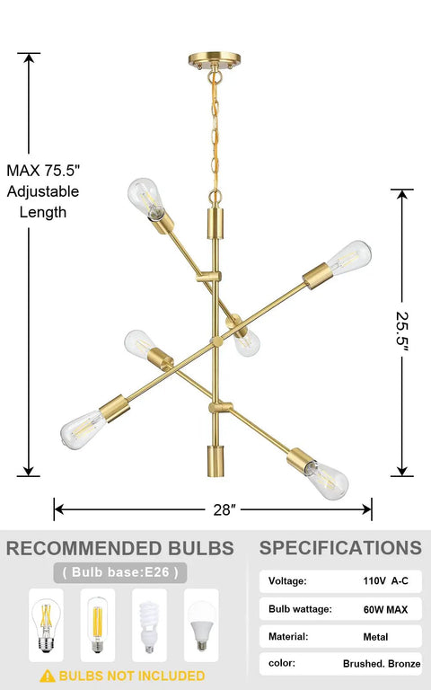 Two Pack Six Light Dope Modern Sputnik Ceiling Fixture Set In Gold Bronze Brushed Brass For Dining Room Kitchen Living Room Industrial Chandelier Semi Flush Mount E26 LED Compatible Dimmable With Dimmer