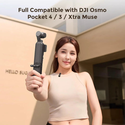 Person holding 5000mAh Battery Grip For Pocket 4 By 3 Camera With 20W Fast Charge Wireless Microphone Pass Through Direct Connection.