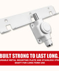 Sliding Door Lock For Patio Doors With Adjustable Ventilation And Button Actuation, Child Safety Lock shown in white with metal shaft