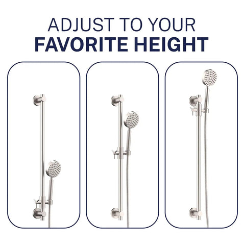 Solid Metal 27.5 Inch Shower Slide Bar System With Handheld Head And Hose Brushed Nickel Finish adjustable height demonstration