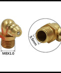 Brass M8x1.0 Grease Nipple Fittings Kit With Straight, 45 Degree, And 90 Degree Angles For Cars, showing size details.