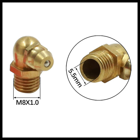Brass M8x1.0 Grease Nipple Fittings Kit With Straight, 45 Degree, And 90 Degree Angles For Cars, showing size details.