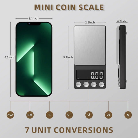 Digital Coin Scale With 0.01g Precision And 200g Capacity next to smartphone, showing size comparison and unit conversions.