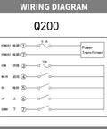 Q200 industrial wireless crane remote wiring diagram showing POWER1/POWER2, COM, MAIN, UP, DOWN and transformer.