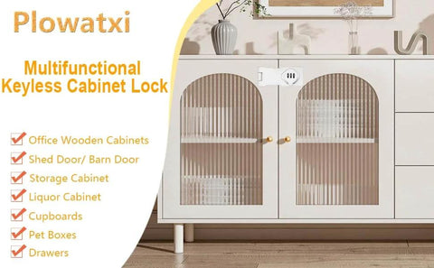 Keyless Cabinet Lock With 3-Digit Password, No Keys Needed, Bifold Door Lock for Cabinets and Drawers, shown installed on a cabinet