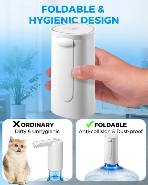Foldable Water Dispenser for 5 Gallon Bottles With USB Charging and Auto Switch, shown in hand and installed on bottle.