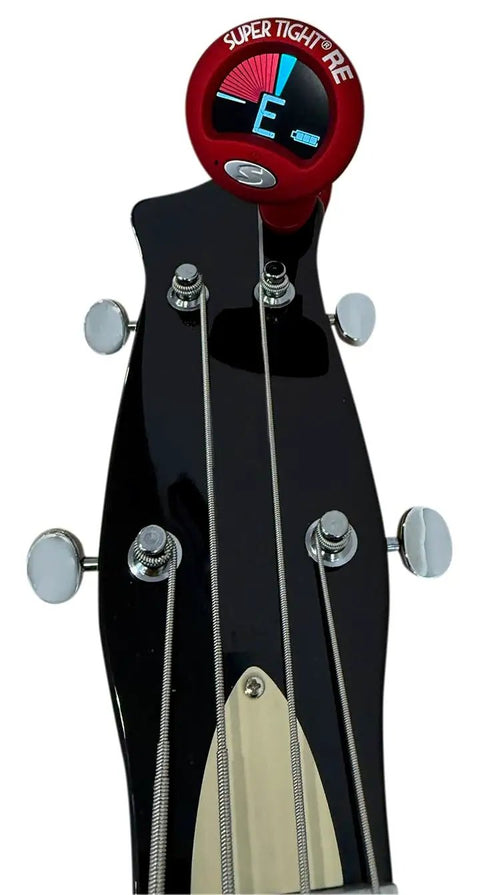 ST-2 Multi Instrument Chromatic Tuner with rechargeable battery on guitar headstock, showing E note tuning, eco-friendly design.