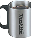 Stainless steel mug with Makita logo filled with coffee, representing the No Fuss Brew Machine with Permanent Drip Filter, Lightweight And Portable.