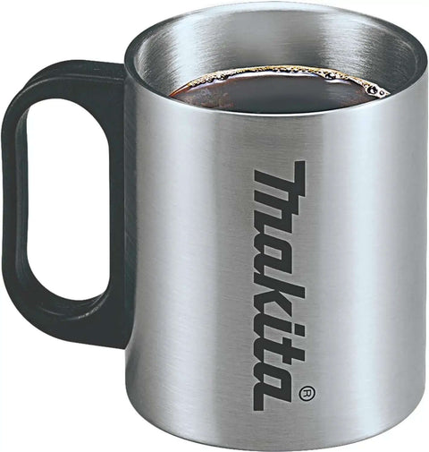 Stainless steel mug with Makita logo filled with coffee, representing the No Fuss Brew Machine with Permanent Drip Filter, Lightweight And Portable.