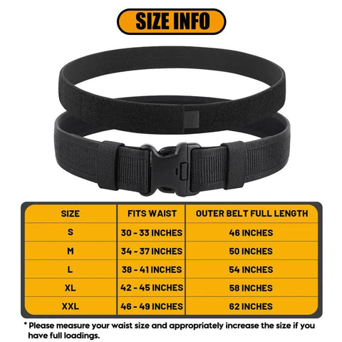Heavy Duty 2 Inch Duty Belt For Law Enforcement With Outer And Inner Belt System Belt Keepers Ready To Roll Police Belt Setup Comfortable 1.5 Inch Nylon Inner Belt With Soft Loop Large Size, shown with size chart for reference.