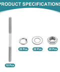 Beefed Up Heavy Duty Double Ended Stud Screws Kit M4x60mm 304 Stainless Steel Dual Threaded Rod Bolts With Nuts Flat Washers And Lock Washers For Home Maintenance And DIY Projects, 10 pcs stud, 20 pcs each