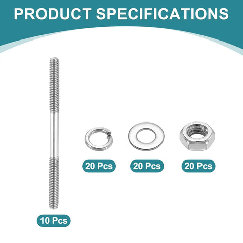 Beefed Up Heavy Duty Double Ended Stud Screws Kit M4x60mm 304 Stainless Steel Dual Threaded Rod Bolts With Nuts Flat Washers And Lock Washers For Home Maintenance And DIY Projects, 10 pcs stud, 20 pcs each