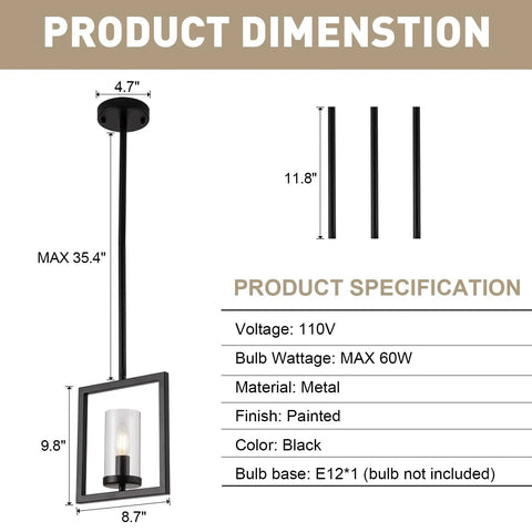 Modern Black Mini Pendant Lights Three Pack With Square Metal Frame And Glass Shade Industrial Hanging Ceiling Chandeliers dimensions