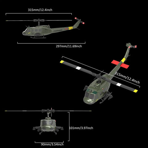 UH-1 Huey RC Helicopter 1 To 48 Scale For Adults Dope 2.4Ghz 6CH Gyro Stabilized Remote Control Aircraft top side front view