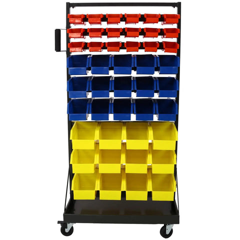 90 Bin Storage Rack With Locking Casters For Garage And Workshop, Double-Sided Tool Organizer, colorful bins, front view