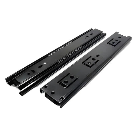 Heavy Duty 3 Stage Soft Close Drawer Slides For Rock Solid Cabinet Builds Featuring Smooth As Silk Ball Bearing Glide and Bummer Free Full Extension in a 12 Inch drop. Black metal construction.