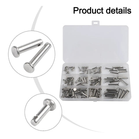 Heavy Duty 304 Stainless Steel Dowel Pin Kit with single hole flat head cylindrical pins in plastic box, 96 piece set