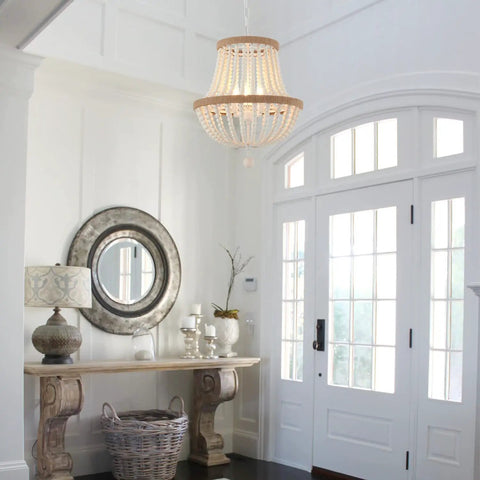 3 Light Boho Farmhouse Chandelier With Wood Bead Pendant Light Rustic Antique Hanging Fixture in elegant entryway