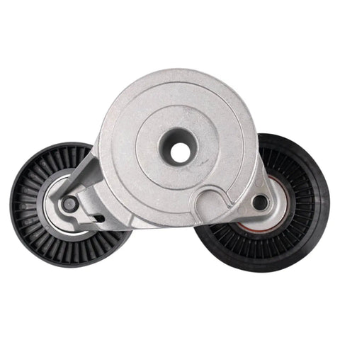 Heavy Duty Serpentine Drive Belt And Tensioner Assembly Replacement Kit, silver metal tensioner with twin pulleys