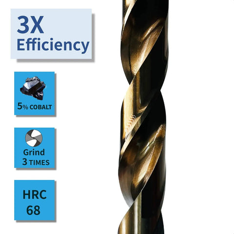 Close-up of Beefy Five Percent Cobalt Drill Bit showing 3X efficiency, 5% cobalt content, grind 3 times, and HRC 68 hardness.