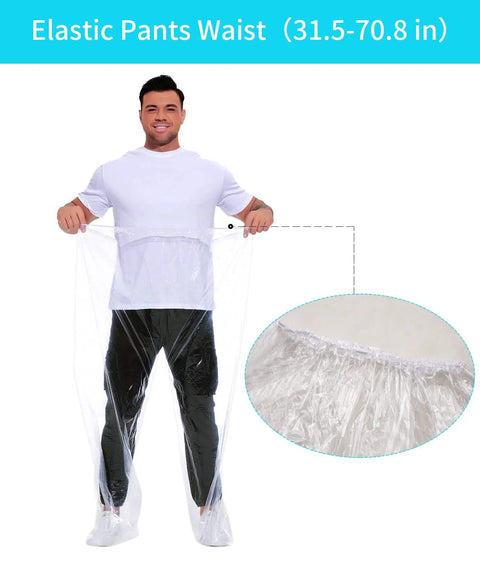 Man wearing Plus Size Disposable Rain Poncho Set With Hood, 2 Pack Heavy Duty Waterproof Rain Gear, clear rain pants shown