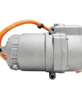 Top Shelf Remanufactured Electric AC Compressor For Chevy Bolt EV 2017 Through 2021 OEM Fit HVAC Replacement With Rock Solid Build Quality And Crisp Climate Control Using Part E601, side view with orange wire.