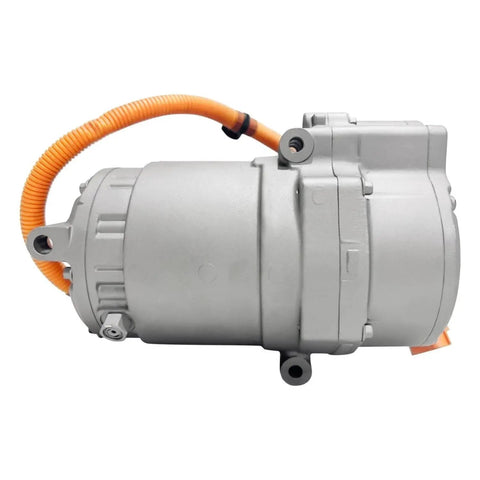 Top Shelf Remanufactured Electric AC Compressor For Chevy Bolt EV 2017 Through 2021 OEM Fit HVAC Replacement With Rock Solid Build Quality And Crisp Climate Control Using Part E601, side view with orange wire.