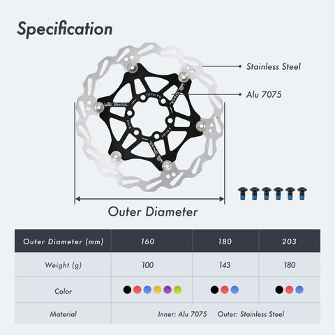 Floating Bike Brake Disc Rotor For MTB Road BMX 160mm 180mm 203mm With Six Bolts Stainless Steel Outer And 7075 Aluminum Inner CNC Milled