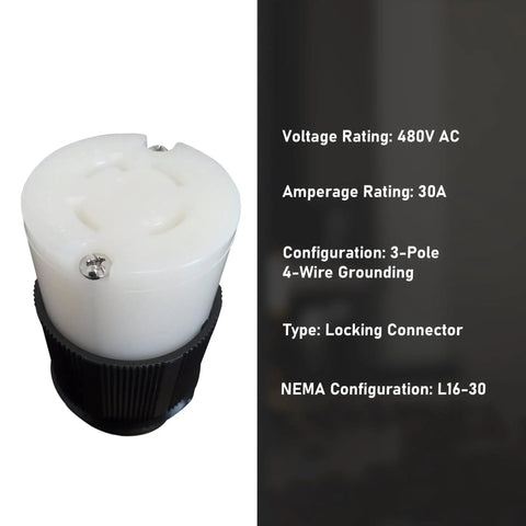 Industrial L16-30C Grounding Locking Connector 30A 480V AC 3 Pole 4 Wire NEMA L16-30 shown with specs.