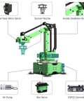 Front view of LewanSoul MaxArm robotic arm kit with green frame, bus servo, air pump, suction nozzle, ESP32 controller.