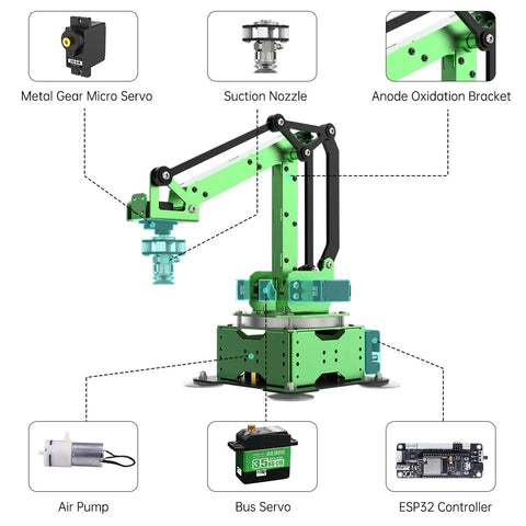 Front view of LewanSoul MaxArm robotic arm kit with green frame, bus servo, air pump, suction nozzle, ESP32 controller.